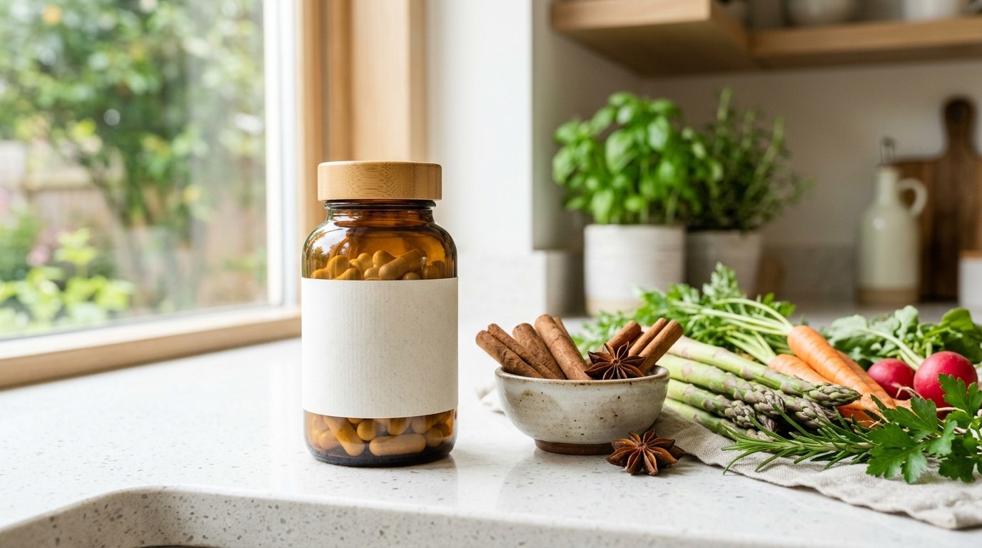 Supplement bottle beside cinnamon sticks and fresh vegetables on a kitchen counter