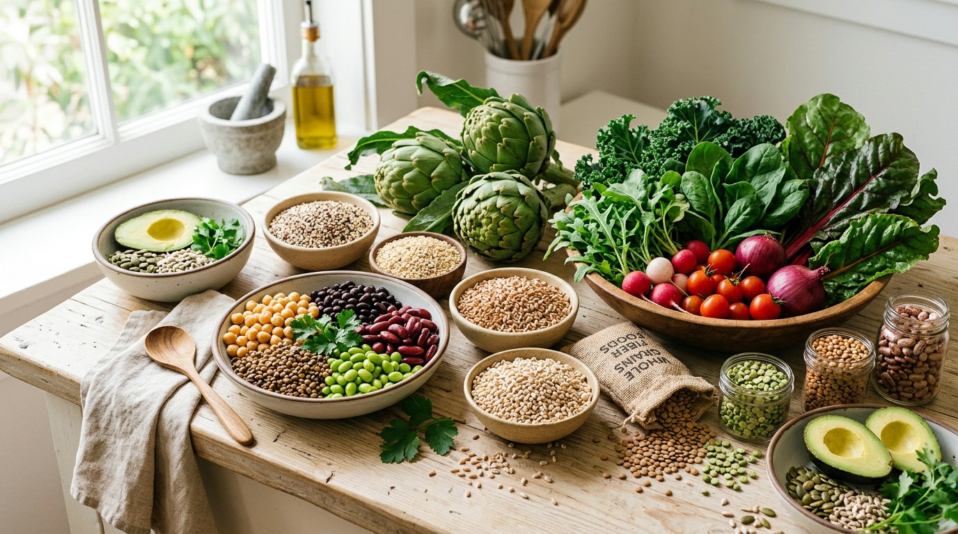 High-fiber foods including legumes and vegetables