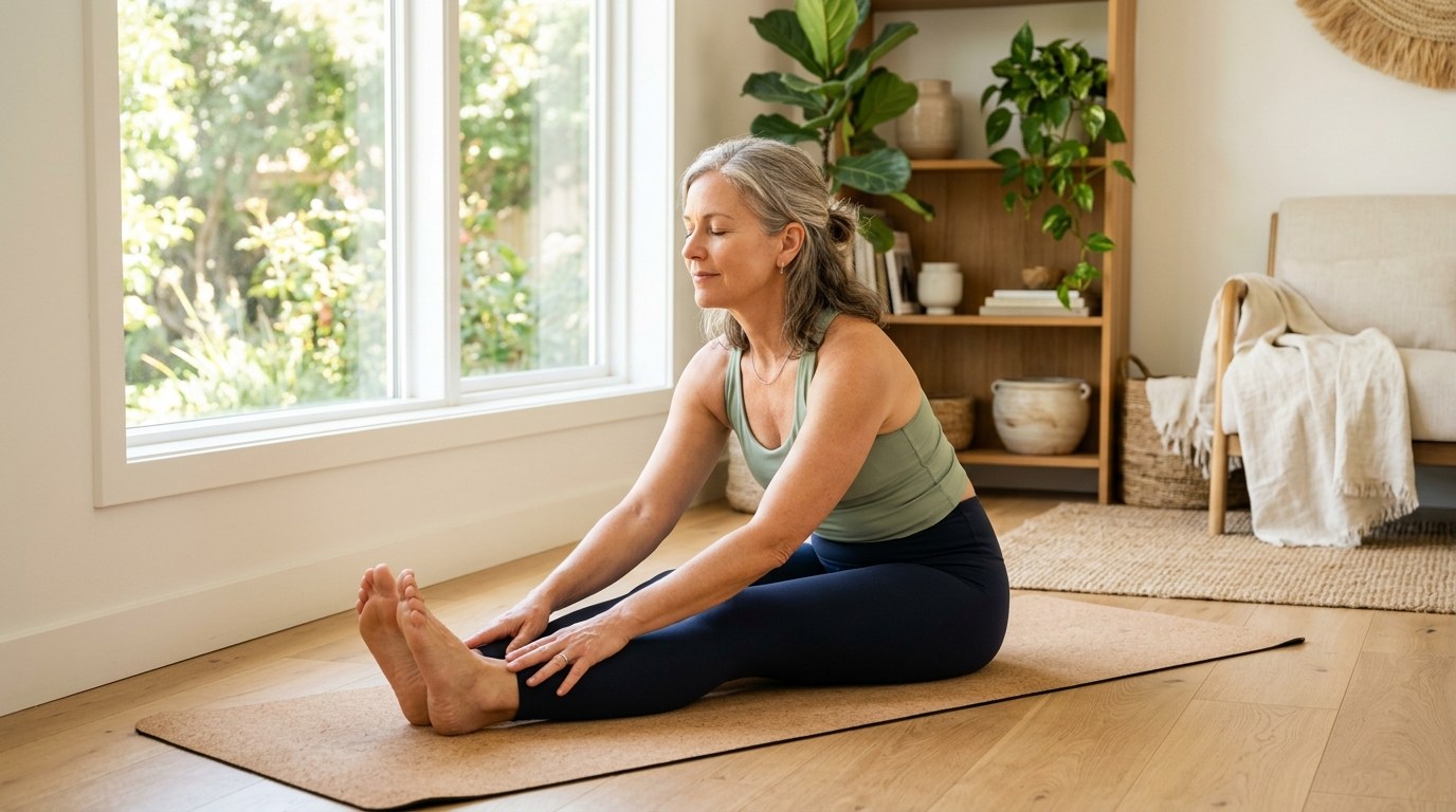 Woman practicing gentle yoga in a sunlit room
