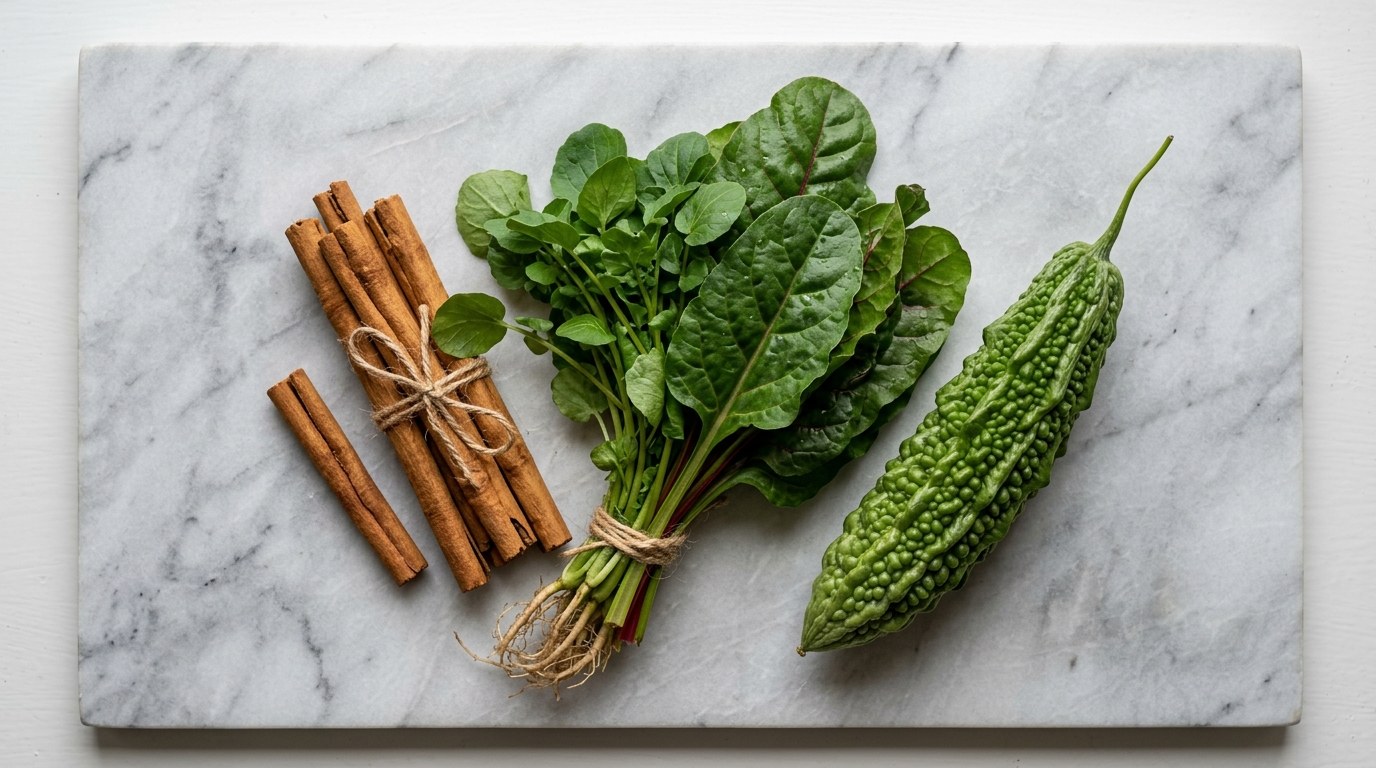 Cinnamon sticks and fresh botanicals arranged on a marble surface