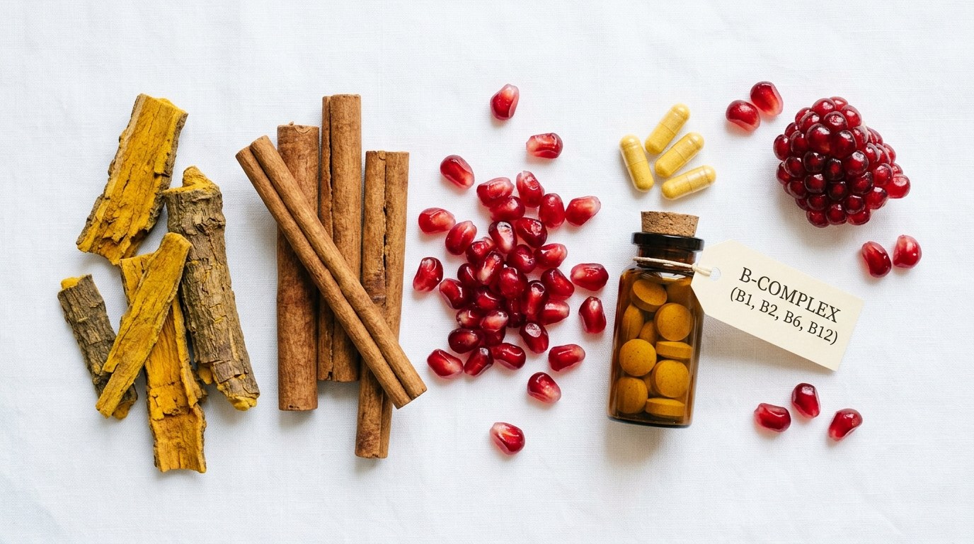Berberine root, cinnamon sticks, and pomegranate arranged on a clean surface — key Kind Patches ingredients