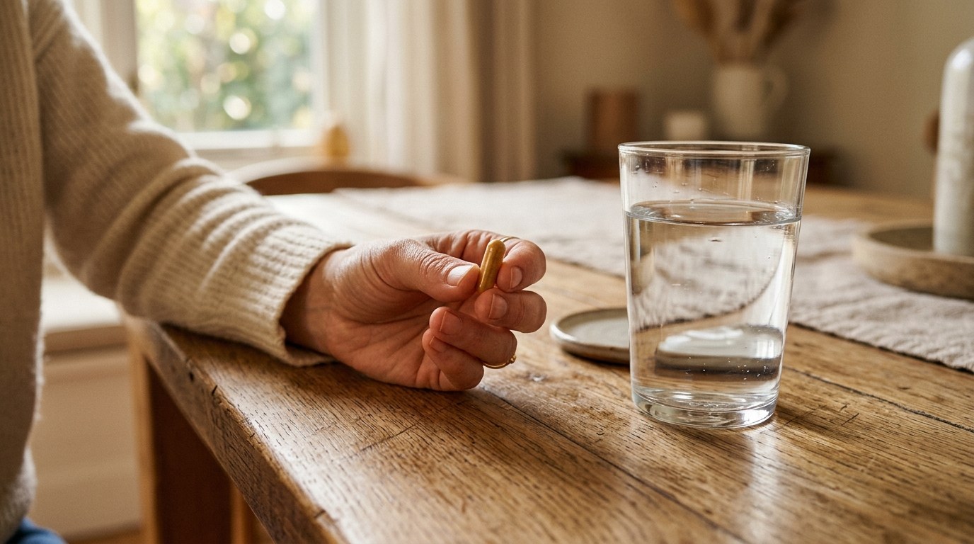 Supplement capsule beside a glass of water on a wooden table